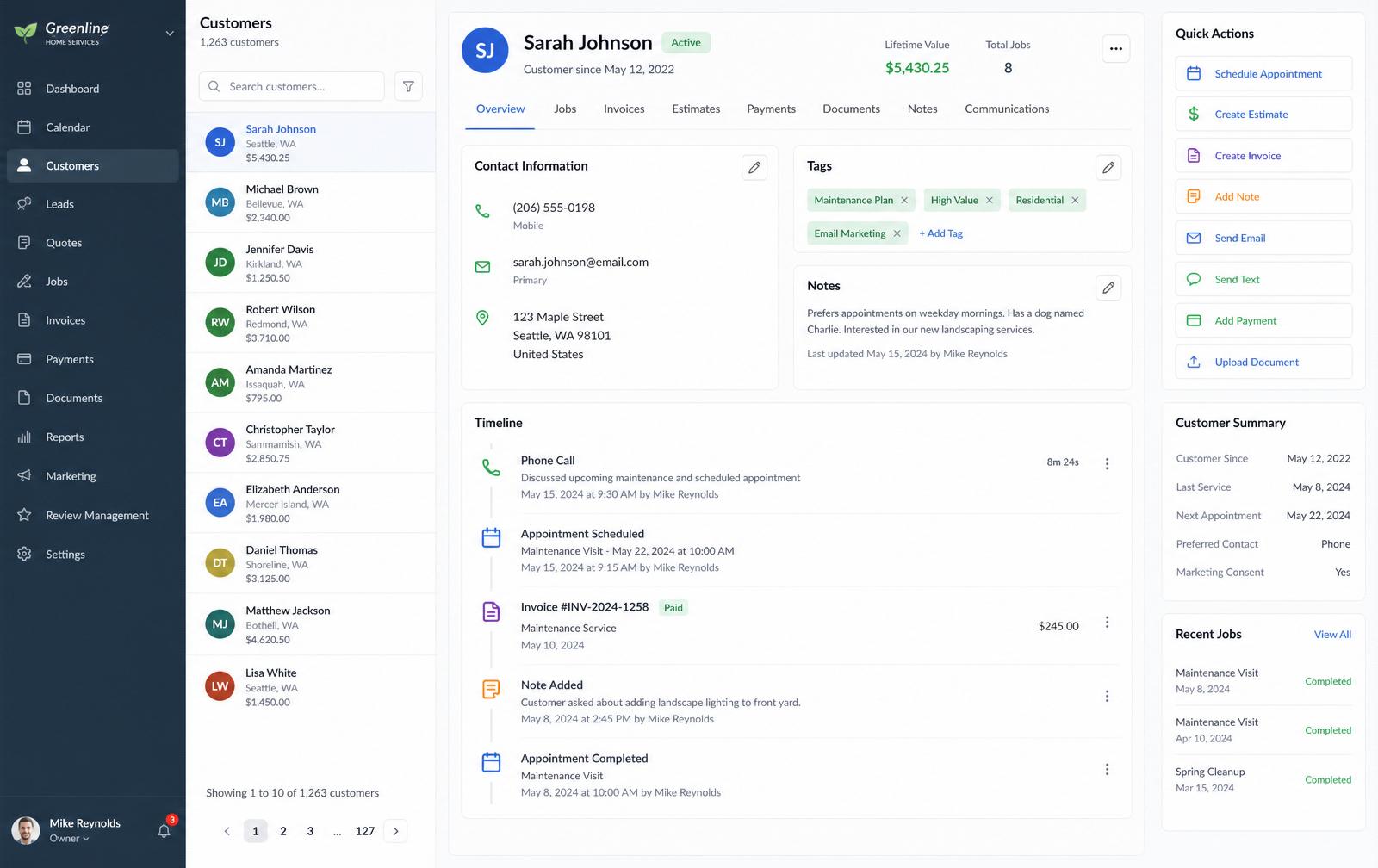 CRM customer detail with timeline
