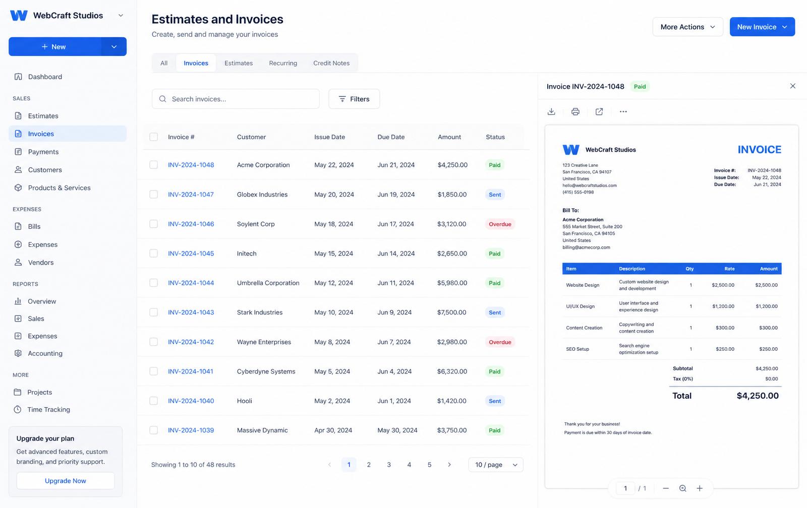 Estimates and invoices dashboard with PDF preview