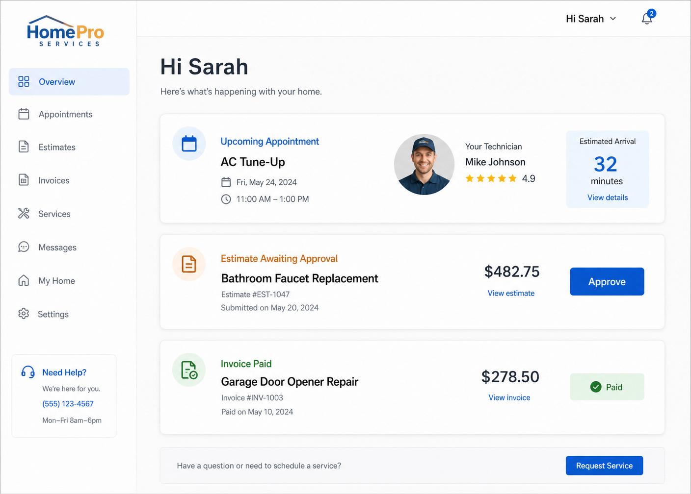 Customer portal with upcoming appointment and estimate