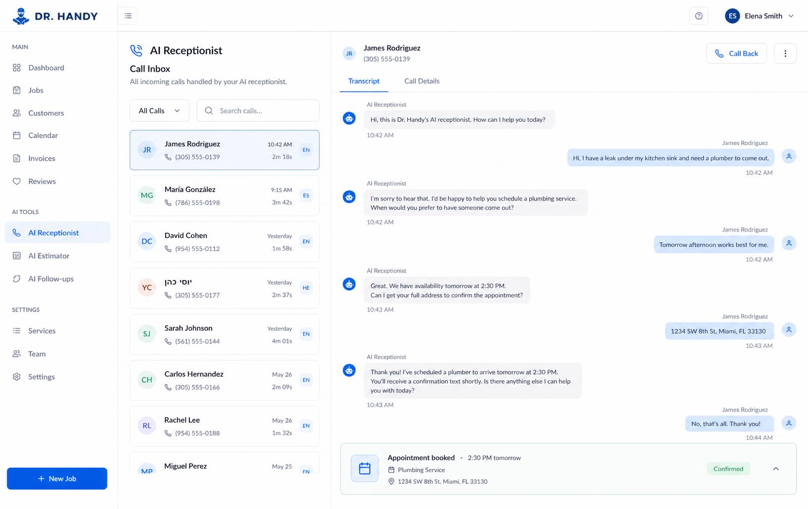 AI Receptionist call inbox and live transcript