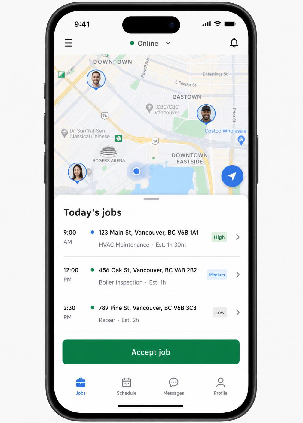 Technician mobile app map and today's jobs